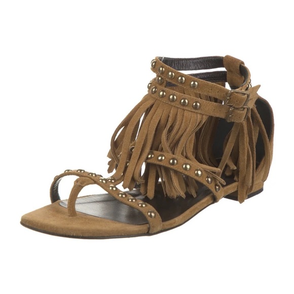 Saint Laurent | Gladiator Suede Fringe Flat Studded Sandals Tan 35 - Picture 2 of 8